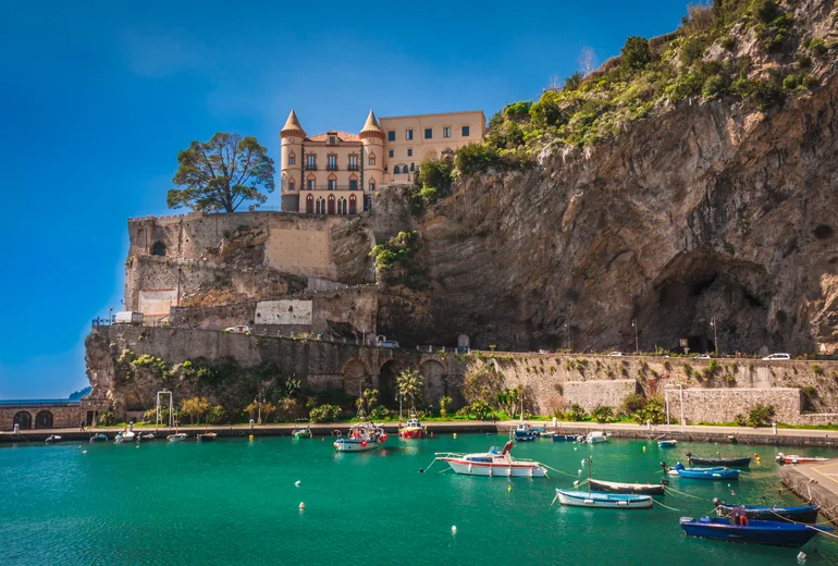 Maiori bay with pleasure boats at midday