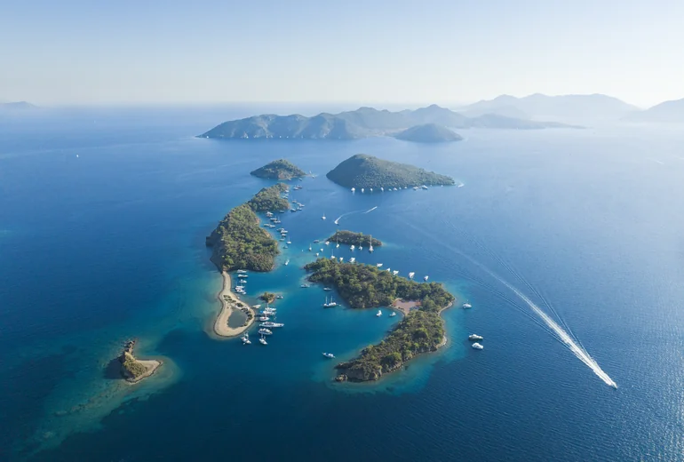 Wooden gulet anchored in a sheltered Turkish bay