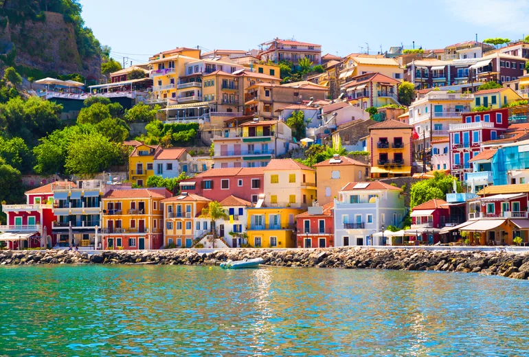 Greek harbour town with sailing yachts moored