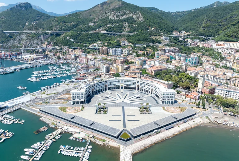Italian seaside town with marina and yachts