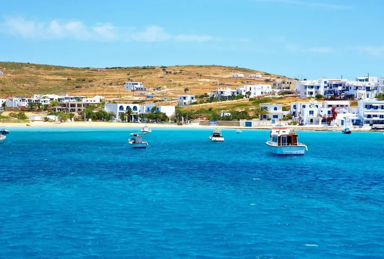 Cyclades-style village with white houses on the hill