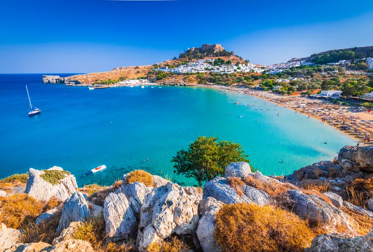 Greek seaside village seen from the water