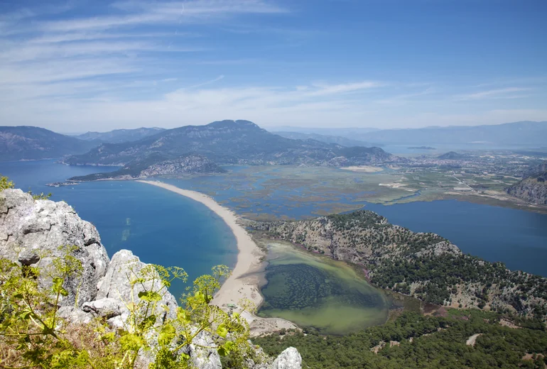 Aerial of a Turkish bay with sailing boats at anchor